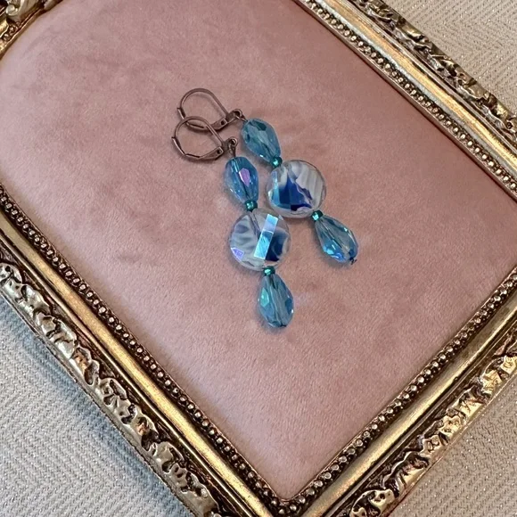 Handmade Antique Copper Teal Blue Green Glass Long Boho Earrings Leverback - Picture 7 of 10